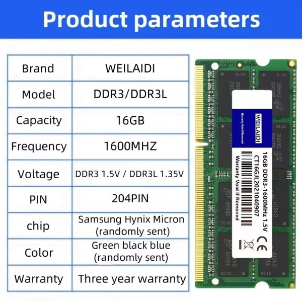 16GB DDR3 1600MHZ 노트북 RAM 메모리 PC3L-12800