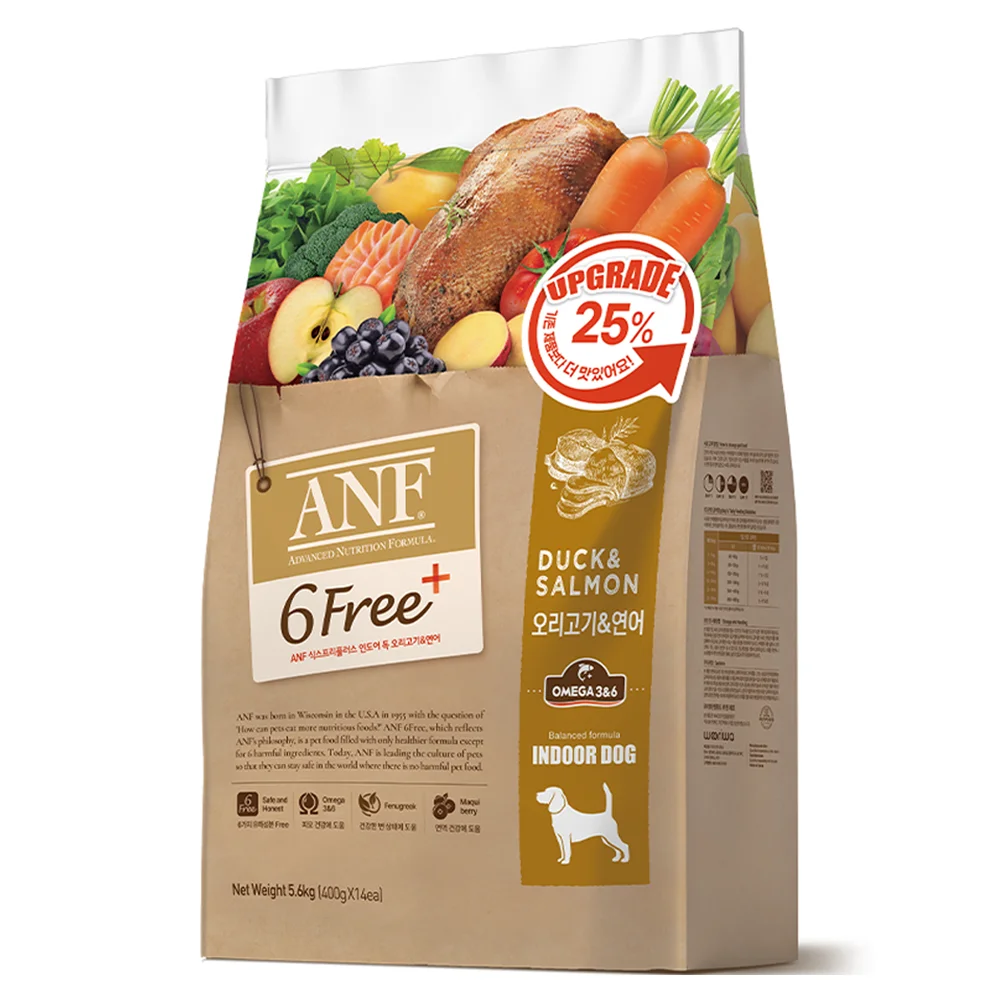 ANF 전연령 식스프리 플러스 인도어 독 건식사료, 연어+오리, 5.6k